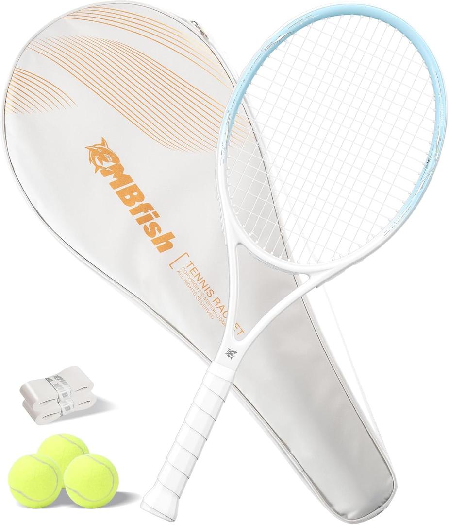 Tennis Racket - Super Value Set with Pre-Strung, Comfortable Handle, 27'' Tennis Racquet for Adults, Natural Series Includes 3 Tennis Balls, 2 Overgrips and 1 Tennis Bag (Sky Blue)