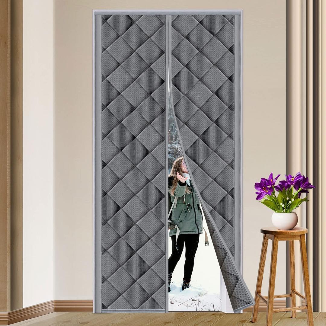 Magnetic Thermal Insulated Door Curtain, Fits Door Size 38" x 82", Thicken Nylon Cotton, Temporary Magnet Closure, Grey