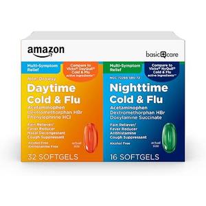Amazon Basic Care Vapor Ice Day and Night Severe Cold and Flu Relief Caplets, Maximum Strength Multi-Symptom Medicine for Cough, Sore Throat, Nasal Congestion, 48 Count