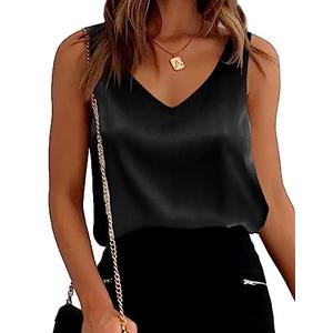 Aoulaydo Women's Silk Satin Sleeveless Blouse Summer Basic Camisole Tank Shirt V Neck Casual Loose Tank Tops Black, M