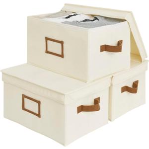 StorageWorks Large Storage Bins with Lids, Decorative Storage Boxes with Lid and PU Handles, Foldable Storage Baskets for Closet, Shelves, Stackable, Ivory, 3-Pack
