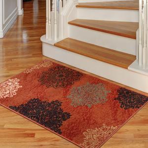 Antep Rugs Alfombras Modern Floral 2x4 Non-Skid (Non-Slip) Low Profile Pile Rubber Backing Kitchen Area Rugs (Rust Brown, 2'3" x 4')
