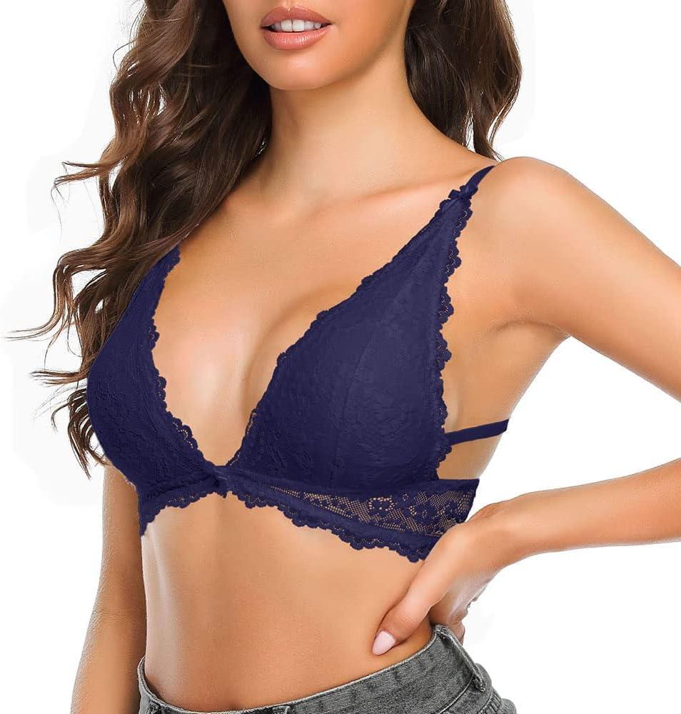 Women's Lace Bra Triangle Bralette Wireless Padded Plunge Low Back Bras Deep V Neck with Bowknot, Large