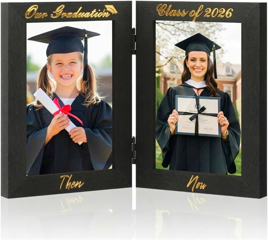 Amyhill Graduation Frame Class of 2026 Decor Then and Now Picture Frame Double 4x6 Photos Foldable Wooden Graduation Gift for College High School Graduate Party Decoration Keepsake