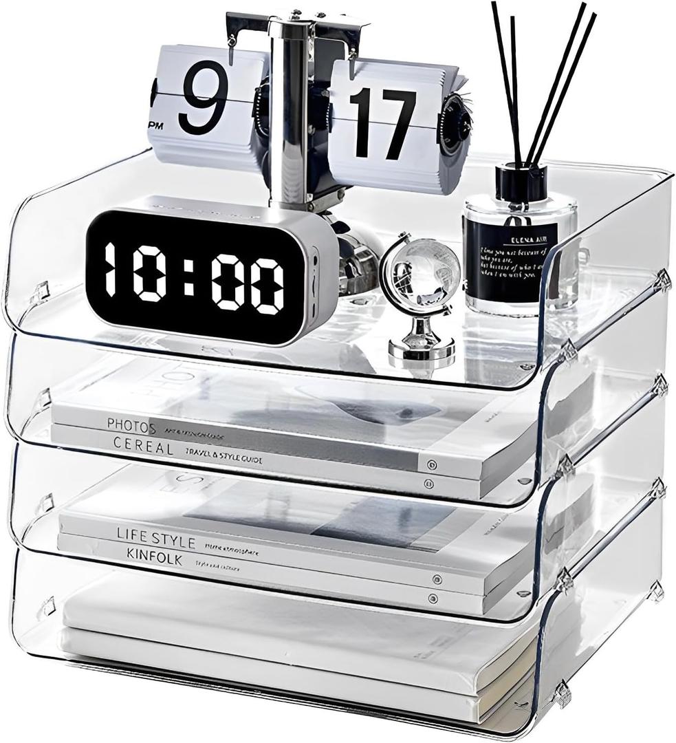 Gagee 4 Pack Paper Organizer for Desk, Stackable Paper Tray Book Holder for Classroom, Office and More, Letter Tray Desk Organizer, Clear