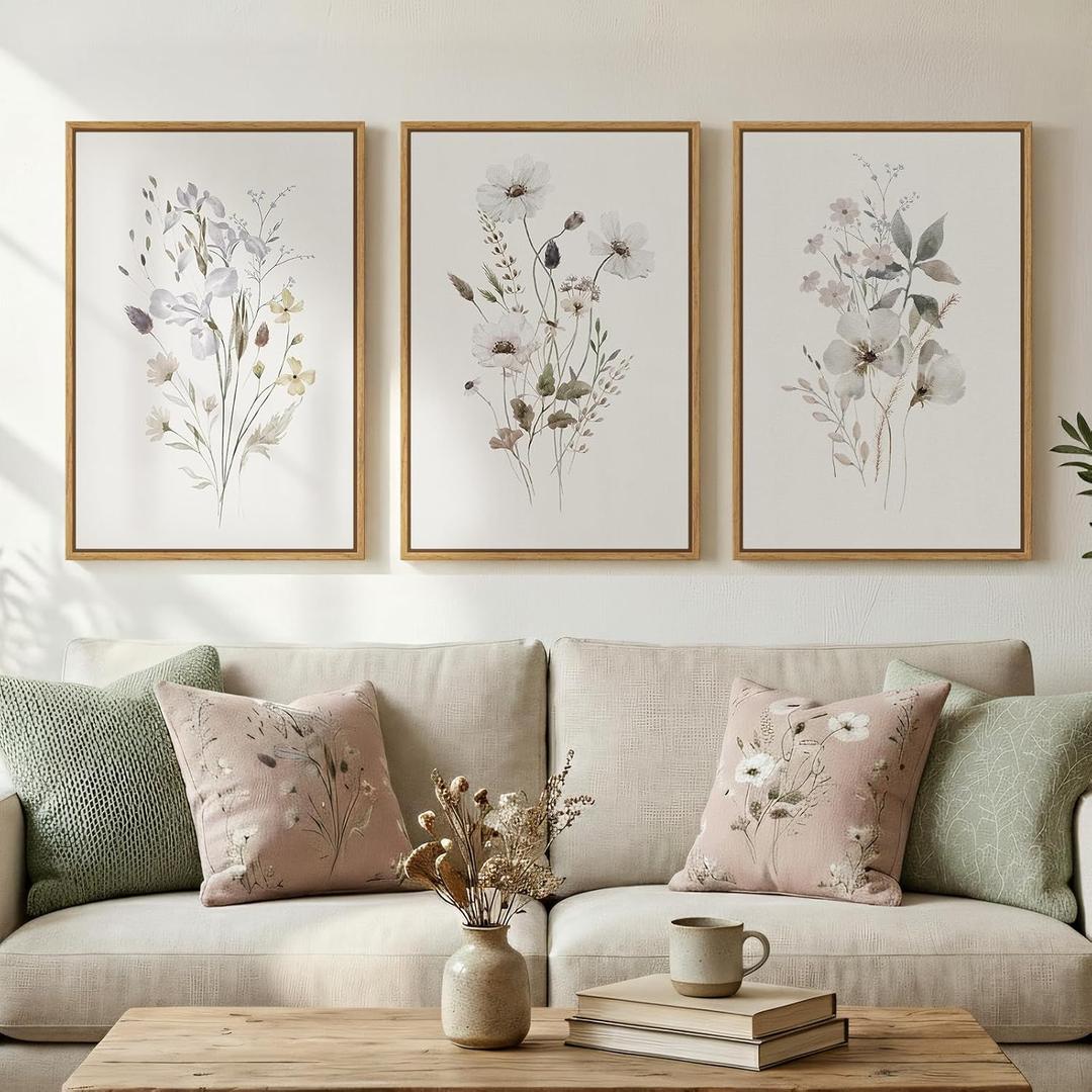 Framed Neutral Botanical Floral Wall Art, 3 Piece Modern Farmhouse Flower Canvas Artwork for Walls, Rustic Minimalist Wildflower Plant Painting Prints for Living Room Bedroom Hallway Home Decor, 16x24, 16" W x 24" H x 3Pcs