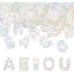 Elecrelive 50Pcs Clear Bubble Letters Iridescent Large Alphabet Beads Vowel A/E/I/O/U Letter Keychain Charms Light Yellow for Jewelry Bracelets Necklaces Arts Crafts