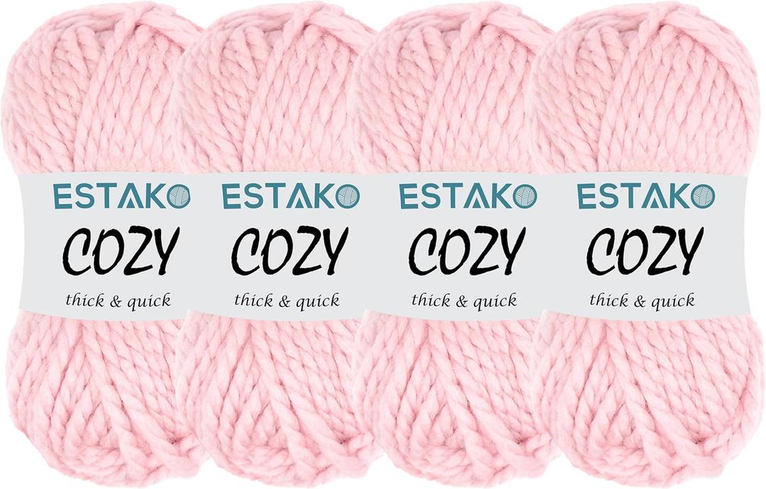 Estako Cozy Thick & Quick Yarn (4 Skeins Pack) 20% Wool 80% Acrylic Soft Super Bulky Weight #6 Knitting and Crocheting Yarn (4 x 3.52 Oz) / (4 x 65 Yrds) (53029-Baby Pink)