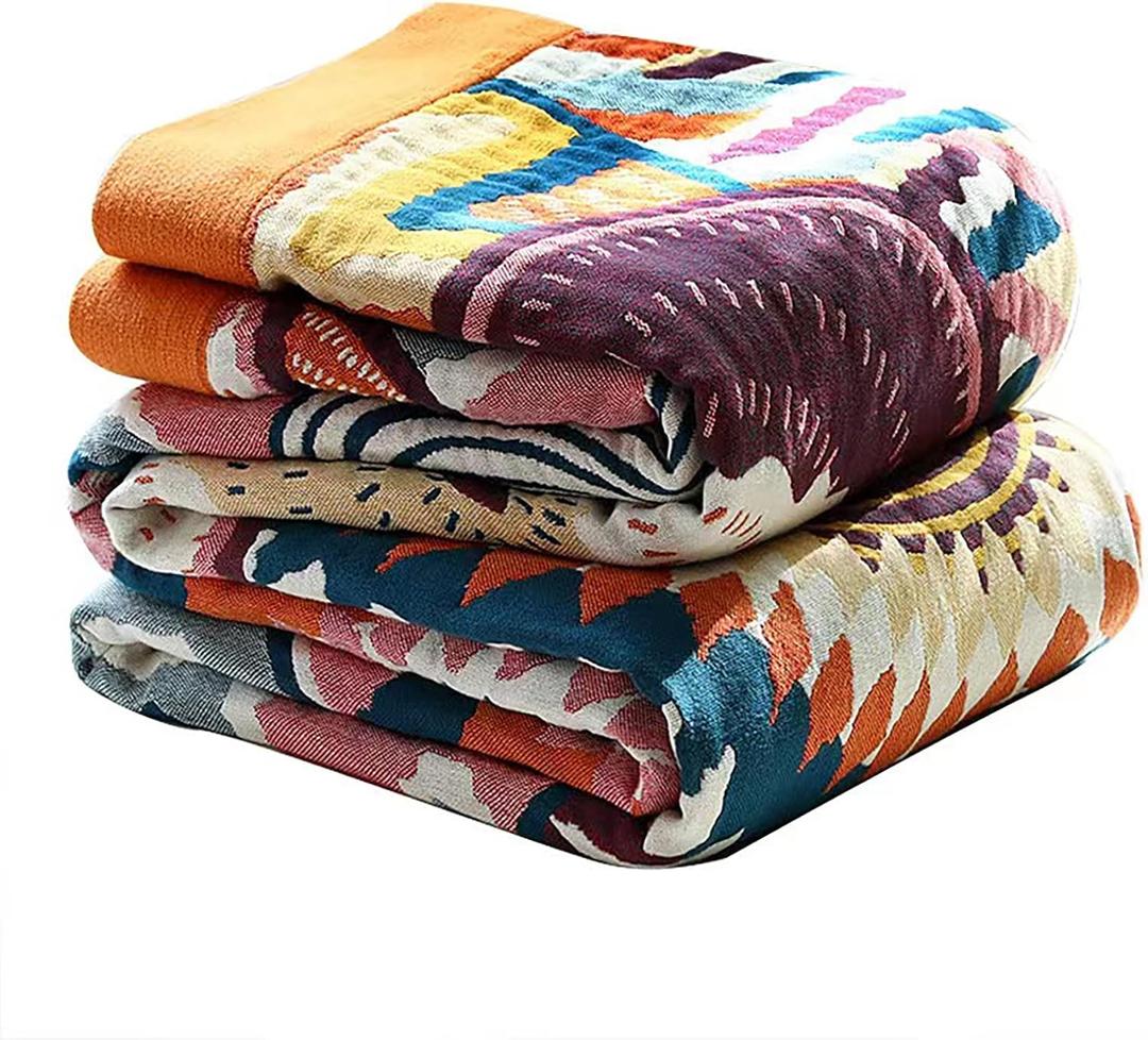 VANJOROY Boho Throw Blanket, 100% Organic Muslin Cotton Skin-friendly Breathable Ultra Soft Bed Quilt Throw - All Season Bohemian Decor Luxury Colorful Blanket for Sofa Couch Chair and Gift. 80" x 90"