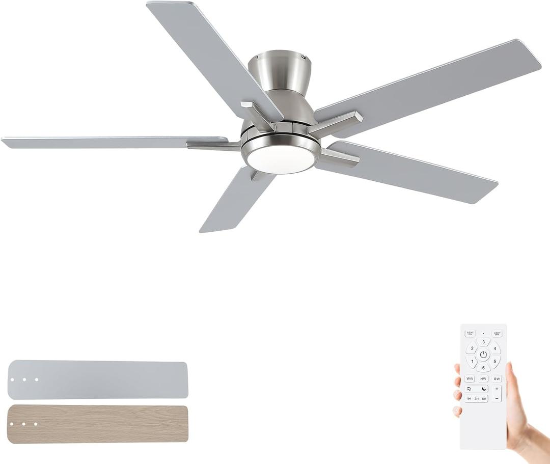 Sevenine 52 Inch Brushed Nickel Flush Mount Ceiling Fans with Lights and Remote, Low Profile Nickel Ceiling Fans for Bedroom Living Room Patio Porch, Quiet 6 Speed Reversible DC Motor, 3CCT, Dimmable