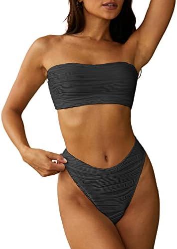ZAFUL Women Strapless Textured Bandeau Bikini 2 Piece Swimwear Cheeky Solid Lace up Bathing Suits, S