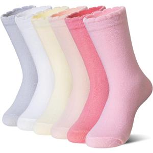 AMENLAN Girls Ruffle Crew Socks Little Kids School Uniform Cute Cotton Frilly Dress Socks 6 Pairs (9-12 Years, Mix Color a)