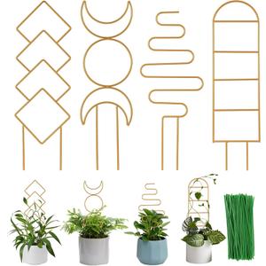 Indoor Plant Trellis for Potted Plants, 16inch Gold Small Trellis for Climbing Plants Outdoor Garden Metal Trellis with Different Patterns for Vine Ivy Flower Plant Support 4 Pack