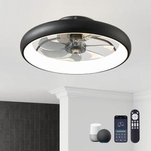 Ceiling Fans with Lights and Remote, 20'' Low Profile Flush Mount, 6 Wind Speeds, Modern Dimmable LED Ceiling Fan, Smart Ceiling Fan for Bedroom, Kids Room (Black)