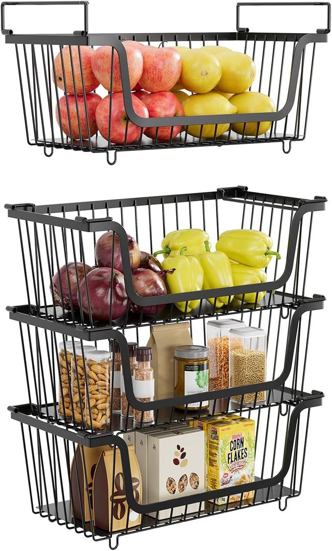 4 Pcs Stackable Wire Baskets for Pantry Organizers and Storage, Kitchen Storage Metal Baskets, Produce Potato Onion Storage Bin, Vegetable Fruit Basket for Countertop, Black