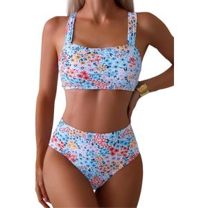 Tainehs High Waist Bathing Suit for Women Floral Print Wide Straps Swimsuit Two Piece Bikini Sets (Small, Blue&Pink Floral)