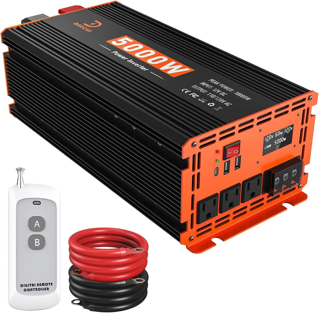 5000W Power Inverter 12V DC to 110V/120V AC Converter for RV/Truck/Boat/Camping/Off-Grid Solar Car Power Inverter Peak Power 10000W with 3 AC Outlets,USB & Type-C Port, Remote Controller & LCD Screen