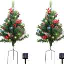 2 Pcs Solar Light Outdoor Mini Christmas Tree, 2.5ft, Ground Christmas Tree, Outdoor Xmas Decorations for Entrance Driveway, Porch, Yard, Garden, Red Berries, Pine Cones