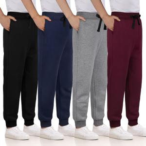 4 Pack Boys Sweatpants Cotton Fleece Lined Boys Athletic Joggers, Active Sweat Pants with Pockets Drawstring for Kids Youth (Large, Black, Navy Blue, Gray, Burgundy)