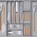 Lifewit Silverware Organizer for Kitchen Drawers, Expandable Utensil Tray with Removable Knife Block, Adjustable Cutlery and Flatware Holder, Plastic Spoon Forks Holder Storage Divider, Large, Gray