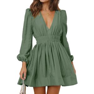 FAIABLE Mini Deep V Sexy Long Sleeve Dress for Women A-line High Waisted Casual Flowy Dress for Cocktail Wedding Guest L