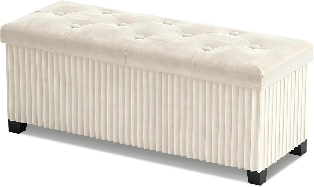 Storage Ottoman Bench, 43 Inch Foldable Ottoman with Legs, Velvet Foot Rest Stool, End of Bed Bench, Storage Chest for Living Room, Bedroom (Beige)