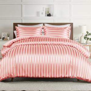 Whale Flotilla 2-Piece Reversible Silky Soft Twin Size Comforter Set, Luxury Stripe Satin Comforter Bedding Set with Satin Pillowcase, Lightweight Duvet for All Seasons, Pink (Twin(68"X88"))