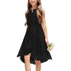 Kids A-Line Halter Neck Chiffon Junior Bridesmaid Dresses Fancy Girl Dress Wedding Elegant Party Gown 5-14 Years (Black), Size - 140/10