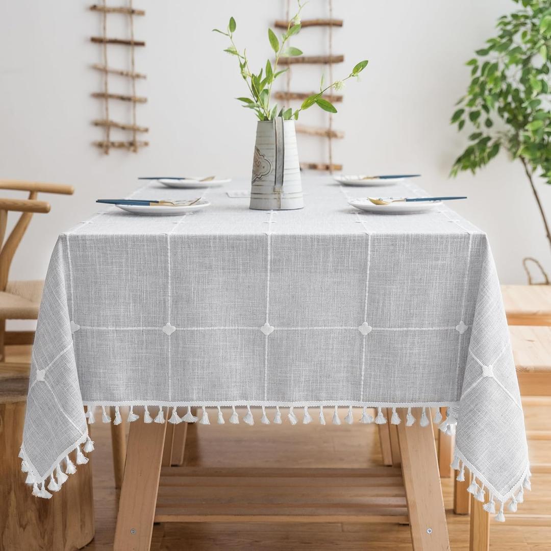 Oubonun Tablecloths for Rectangle Tables, Cotton Linen Waterproof Farmhouse Table Cloth with Boho Tassels  Wrinkle Free, Wipeable & Washable for Kitchen & Dining, 55''x70'', 4-6 Seats, Grey