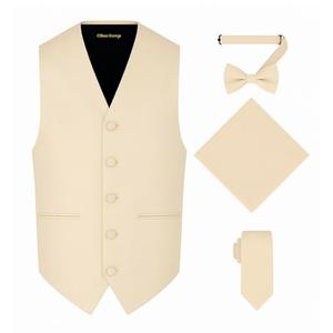 Oliver George 4pc Men's Solid Formal Suit Waistcoat Tuxedo Dress Vest Necktie Bowtie Handkerchief Set for Suit or Tuxedo Beige Medium