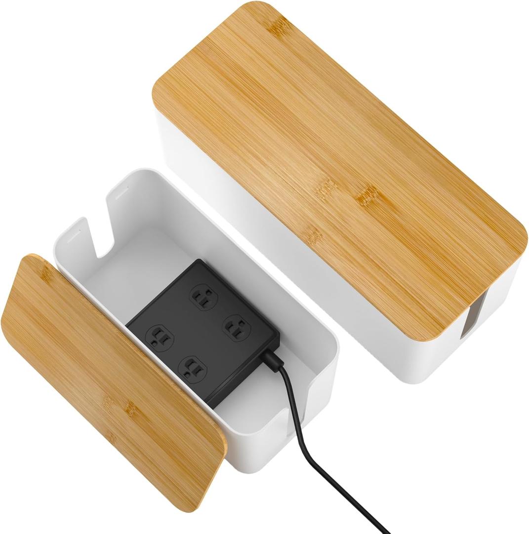 YECAYE 2 Pack Cable Management Box, Wooden Lid & Plastic Body, Medium and Small Cord Organizer Box  Power Strip Cord Organizer, Cable Hider for Home & Office Baby Proofing
