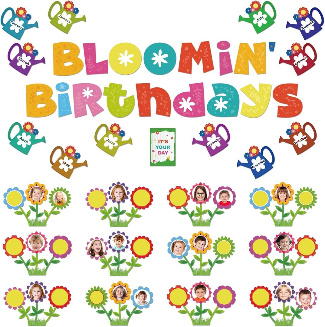 2 x 78Pcs Spring Birthday Bulletin Board Kit, Spring Flower Bulletin Board Decorations with Wild Floral Cutouts, Photo Displays Classroom Wall Decor for Back to School Birthdays Preschool Door
