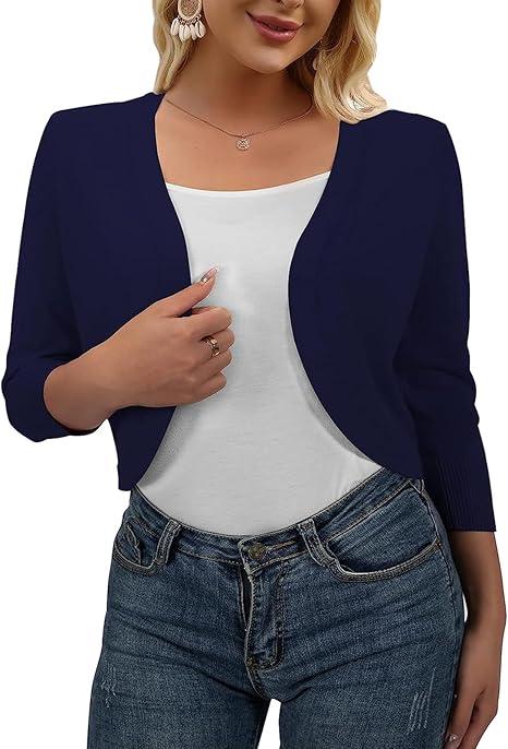 Women's Chic And Elegant Short Cardigan With Open Front, 3/4 Sleeves, Knitted Lightweight Short Jacket, Women's Chic For Weddings, Boleros Women Fine Wool, Size L