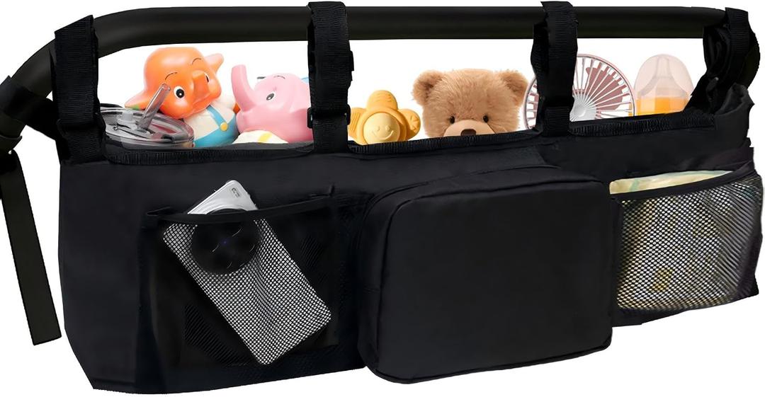 Double Stroller Organizer with Strong Holding Power and 2 Cooler Pockets, Stroller Caddy compatible with Bob Double Stroller and Baby Jogger City Mini GT2,Compatible with most Stroller Organizers