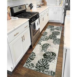Wonnitar 2x6 Bathroom Rug Runner, Washable Leaf Runner Rugs for Hallway, Non-Slip Tropical Plant Long Carpet Monstera Low Pile Accent Mats for Bedside Kitchen Entrance Closet, Dark Jungle Green