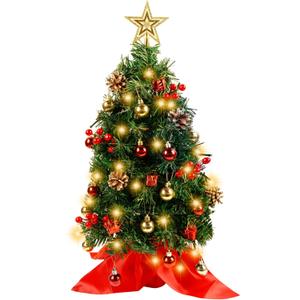 Blissun 2Ft Mini Christmas Tree, Artificial Christmas Pine Trees, Tabletop Xmas Tree, Mini Christmas Pine Tree with LED Lights, Star Tree Topper and Christmas Ornaments for Christmas Table Decorations