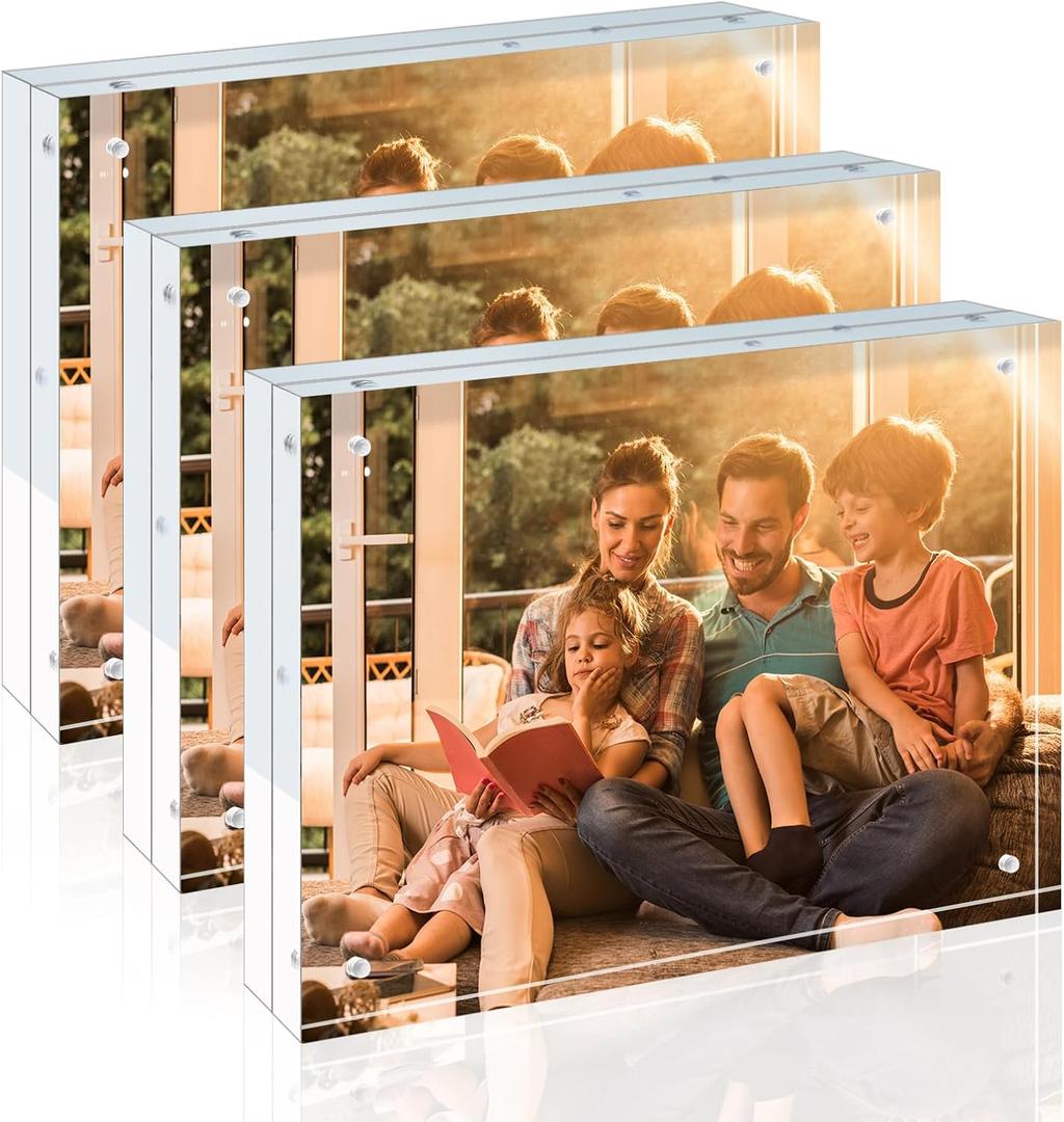 Egofine 8x10 Acrylic Frames 3 Pack, 20mm Thicker Frameless Clear Picture Frames, Double Sided Magnetic Picture Frames, Free Standing Desktop Display