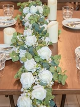 6FT Artificial Eucalyptus Garland with Flowers, 10 White Roses Baby Breath Garland Floral Greenery for Wedding Party Centerpiece Table Runner Backdrop Wall Decor Decoration