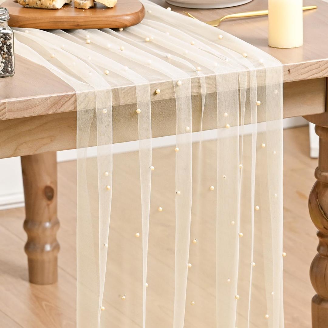 Artoid Mode 3PCS Pearl Champine Gauze Table Runner 120 Inch 10FT, Seasonal Sheer Dining Holiday Wedding Birthday Baby Shower Table Decor for Home Party