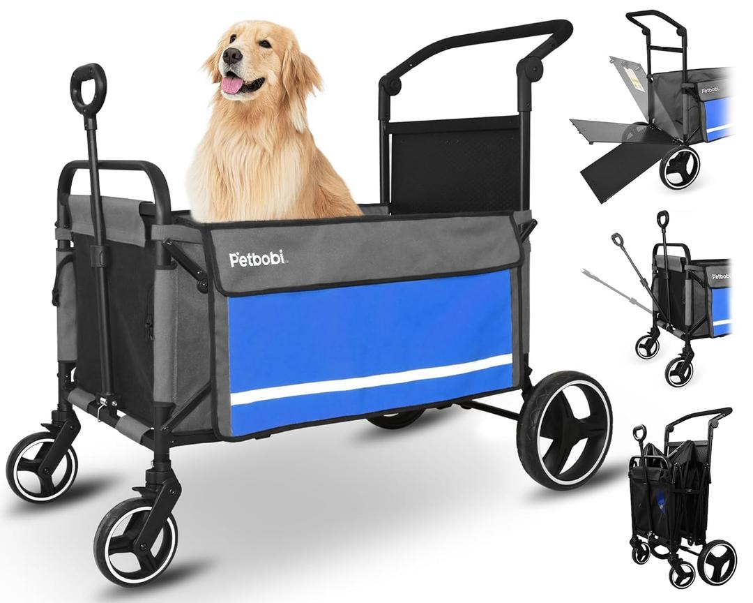 Petbobi Dog Wagon Stroller for Large & Medium Dogs, 2-in-1 Push Pull Pet Cart with Ramp, Foldable Wagon, 360° Swivel Wheels, Adjustable Handles, Safety Leashes, Blue