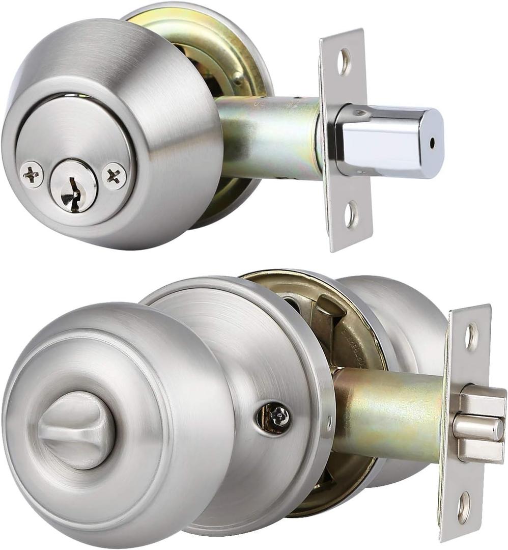 2 Pack Keyed Alike Entry Door Knob and Deadbolt Set, Satin Nickel Double Cylinder Deadbolt Lock Set, Round Style Door Knobs Deadbolt for Exterior/Front Door