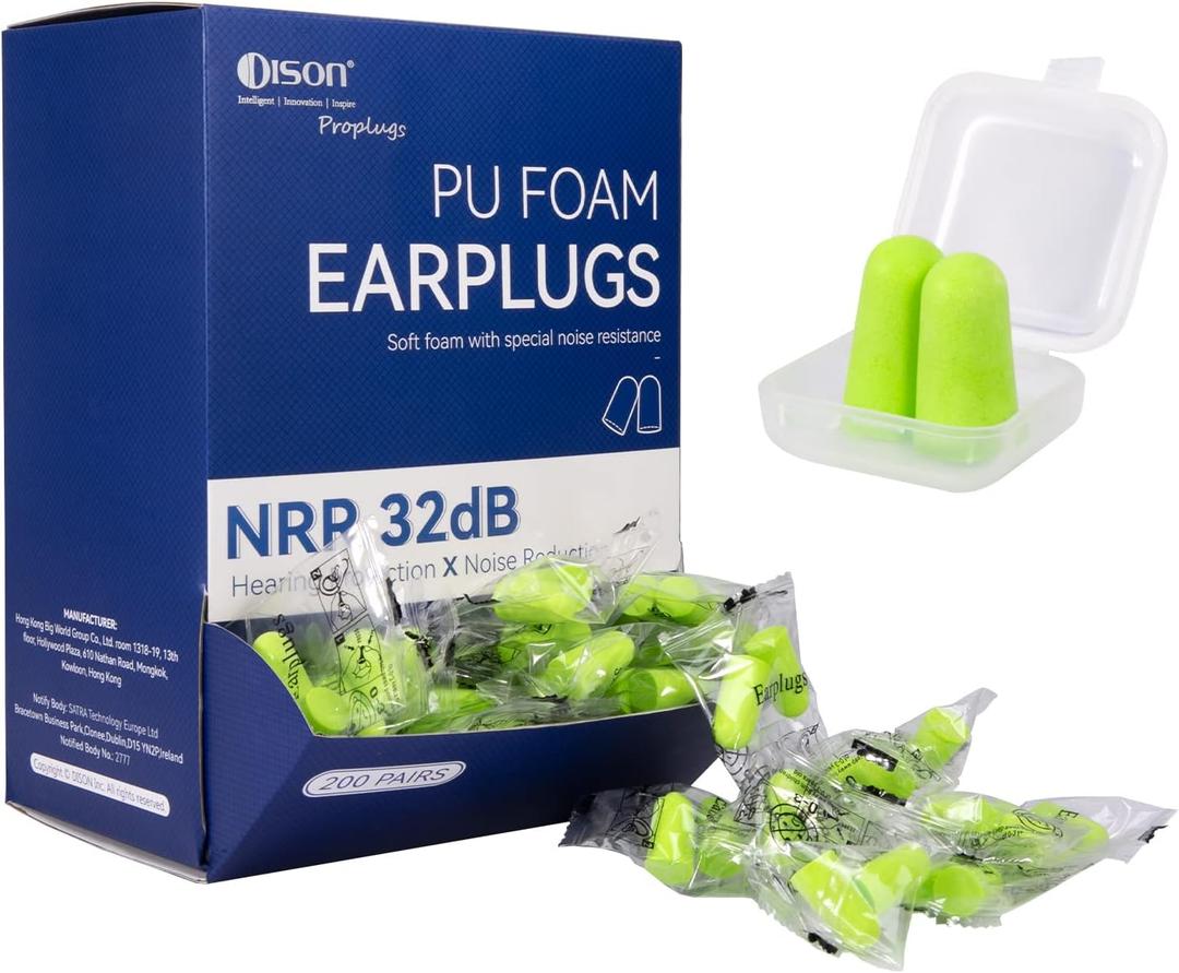200Pairs Foam Earplugs, 32dB Disposable Noise Reduction Ear Plugs, Hearing Protection Bulk Ear Plugs for Shooting Range, Work, Travel, Concert Green (200 Count (Pack of 1))