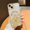 NITITOP Compatible with iPhone 14 Case Cute Clear Glitter [Compatible for MagSafe] Plating Heart Sparkle Bling Magnetic Girl Women Electroplated Frame Camera Protection Back Cover - Gold