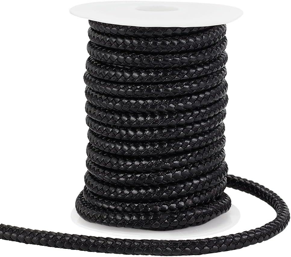 PH PandaHall 10 Yards Round Braided Leather Cord, 8mm Leather Rope Black Jewelry Craft Cord Tie Cording Leather Strap Bolo Cord for DIY Bracelets Necklaces Jewelry Crafts Belts Making Wrapping