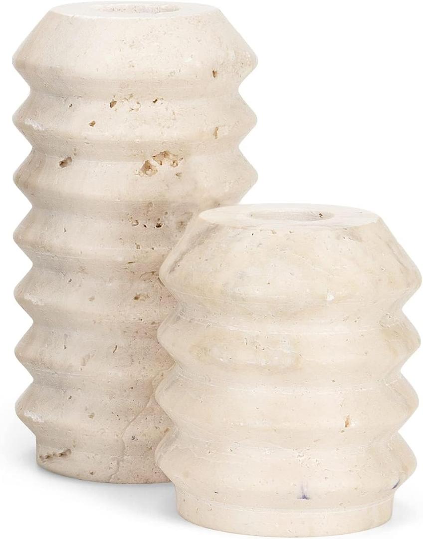 WORHE Candle Holders True Natural Travertine Stone 0.4" Thick, Set of 2 Premium Marble Candlestick Holder for Wedding Dinning Party, Candle Stand for 3/4 inch Thick Candles Color White (ZT002)