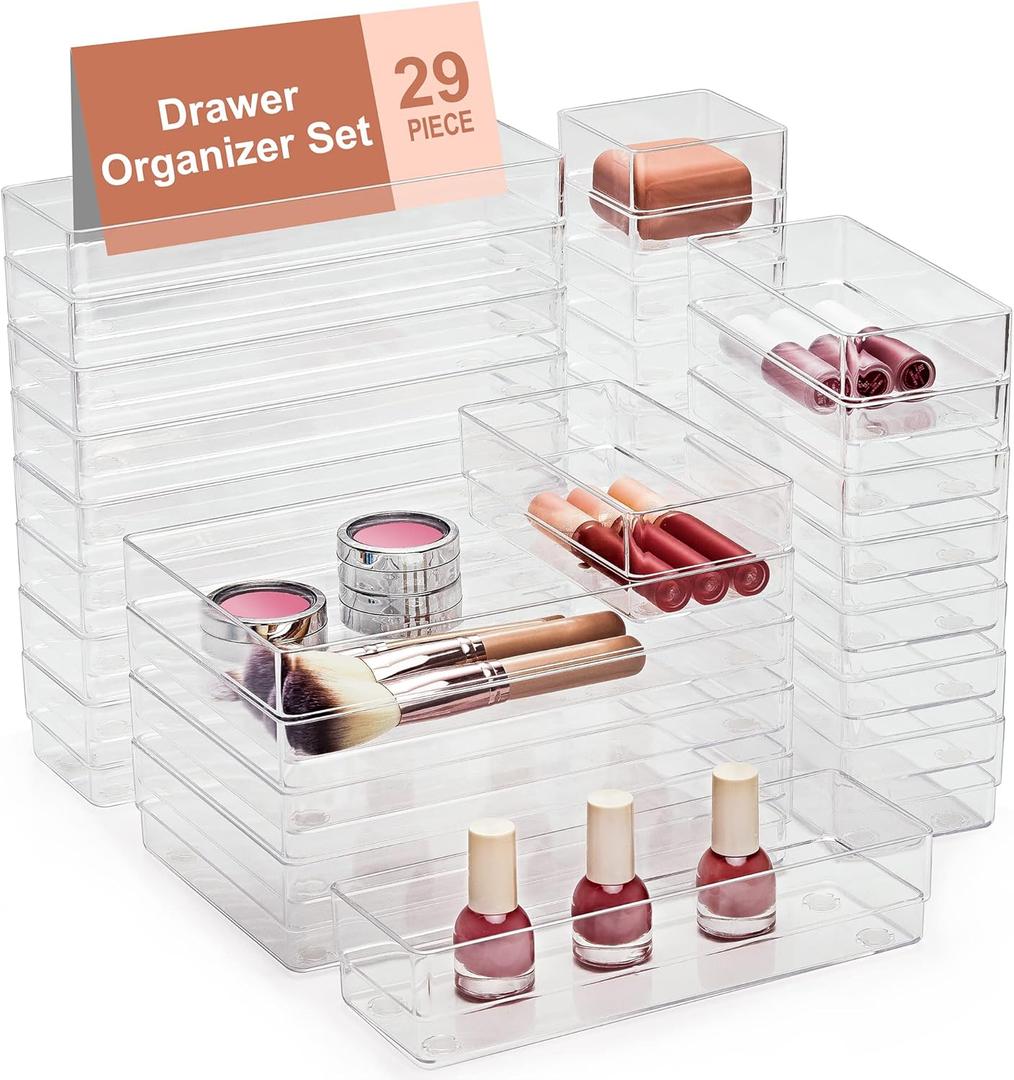 SMARTAKE 29-Piece Drawer Organizer with Non-Slip Silicone Pads, 4-Size Desk Drawer Organizer Trays Storage Tray for Makeup, Jewelries, Utensils in Bedroom Dresser, Office and Kitchen (Clear) (X Large)