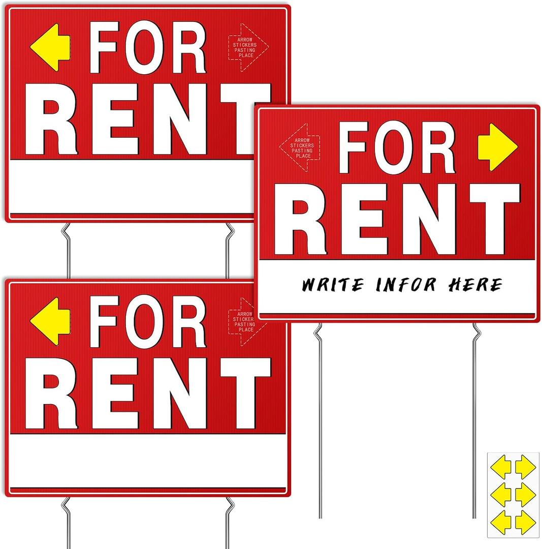 Large For Rent Sign, 17" x 13" Double-Sided Yard Signs with Arrow Stickersfor Rent Sign with Stand, for Rent Signs with Metal Stakes,WEATHER-PROOF, (3 Pack)