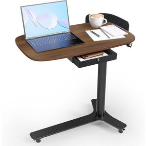 Rolling Adjustable Height Desk with Drawer and Wheels, Portable Small Standing Desk Pneumatic for Home Office, Mobile Computer Laptop Desk Cart, Medical Sofa Overbed Table, Black Walnut