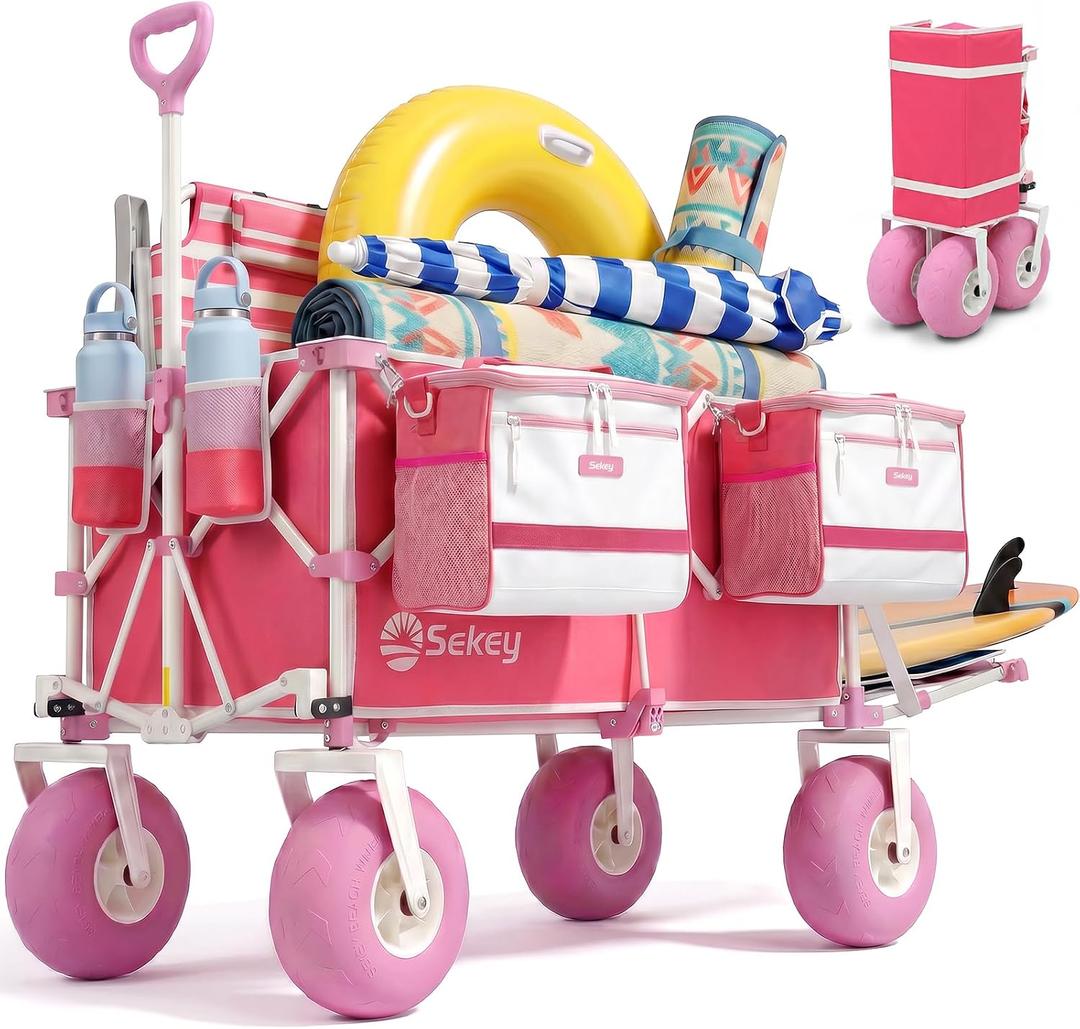 Sekey Heavy Duty Beach Wagon with 9" Big Sand-Proof Wheels, 300L Oversized Foldable Beach Cart with Cooler| Adjustable Handle & Balloon Tires for Sand, Camping,Vacation