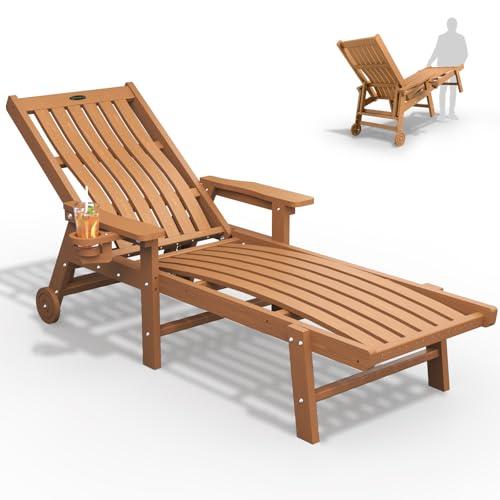 THOEOE Patio Chaise Lounge Chair, Oversized Lounge Chair Outdoor with 5 Positions, HDPE, Patio Lounge Chair with Wheels & Cup Holder for Pool, Deck, Poolside,Wood